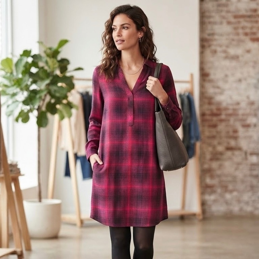 J. Jill Womens Medium Petite Plaid Rayon V-Neck Tunic Shirt Dress Pink Black
